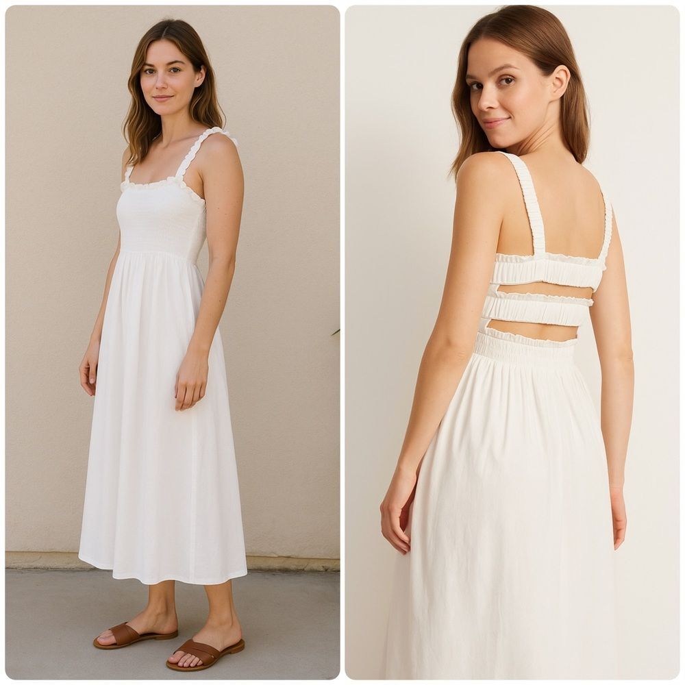 White Smocked Midi Dress Open Back Cage Strappy Sundress Cottagecore Minimalist